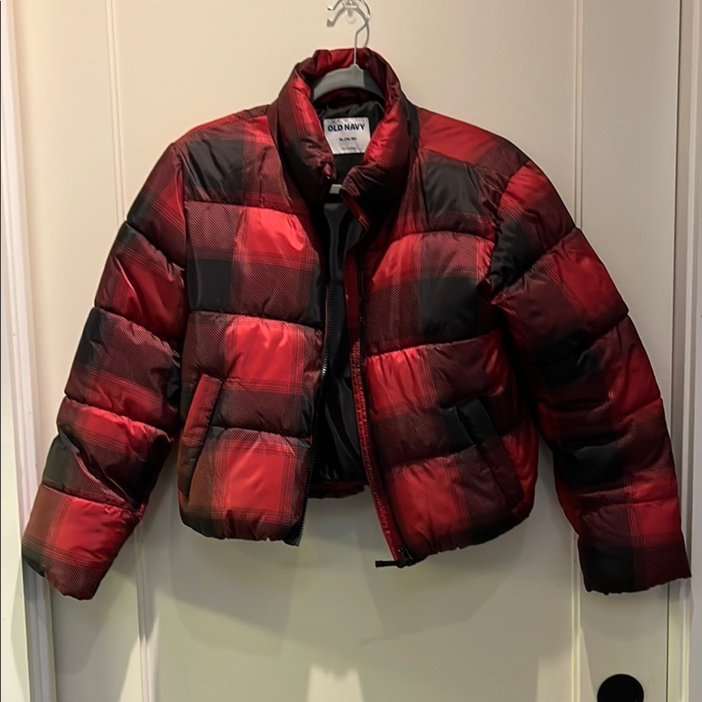 Old Navy Girls Red Buffalo Plaid Cropped Puffer Jacket - Size XL
